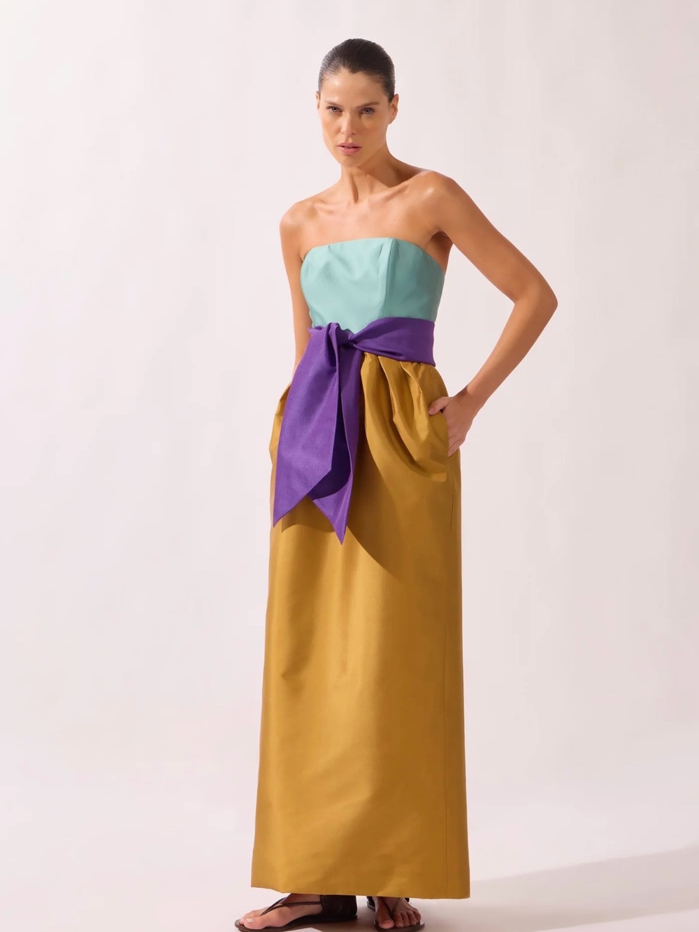 Adriana Degreas Structured Maxi Dress Taffeta Strapless Colorblock Accent Sash